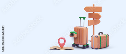 Concept banner for turism in 3d realistic style with map, pointer, road sign, suitcase, camera. Vector illustration photo