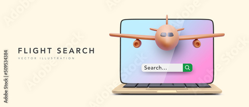 Concept banner for flight search in 3d realistic style with laptop and aircraft. Vector illustration