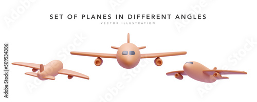 Set of 3d realistic render airplane isolated on white background. Vector illustration