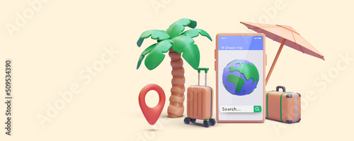 Tourism and travel concept in 3d realistic style with phone, earth, suitcase, umbrella, palm tree, pointer. Vector illustration