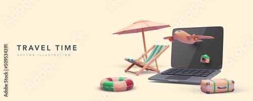 Concept banner for tourism agency in 3d realistic style with laptop, airplane, suitcase, umbrella, beach chair and camera. Vector illustration