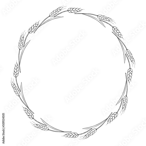 Round frame made of wheat or rye ears. Vector autumn wreath, border hand drawn in Doodle style, black outline isolated on white background