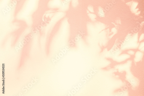 Shadow and light of leaves tree branch background. Natural colorful leaf pastel pink, coral, rose gold shadow and light from sunlight on wall, shadow overlay effect