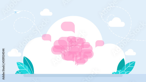 Explore the brain. The influence of other people's thoughts on thinking. Propaganda. Thinking and opinion of internal voice. Seeking answer. Isolated image. Flat cartoon style. Vector illustration