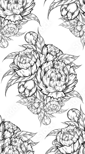 Vector seamless monochrome pattern with sketch of bunch of lush peonies on white background. Botanical texture with drawing of a bouquet