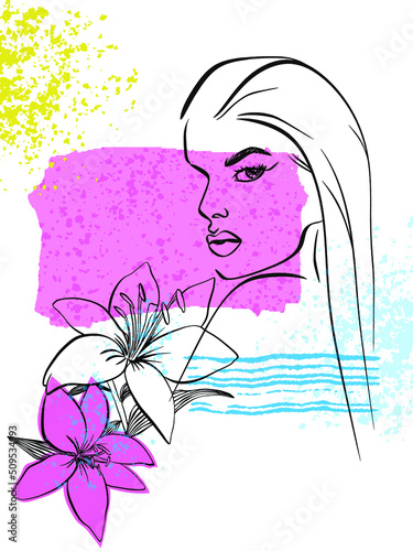 Abstract vector card design with fashion portrait and lilies.