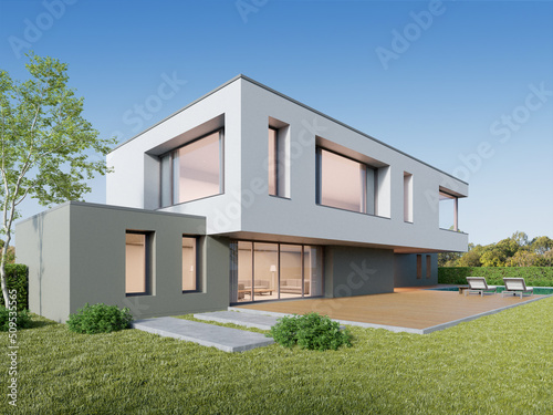 3d rendering of luxury modern house with large wood deck floor and lawn yard. © nuchao
