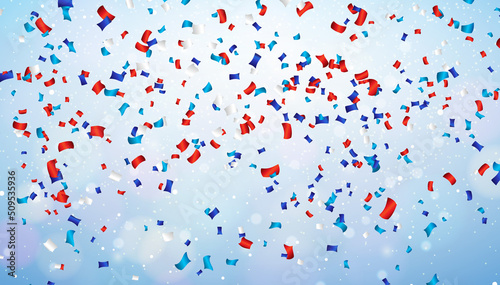 4th of July Independence Day of the USA Vector Illustration with Falling American Flag Color Confetti on Shiny Light Background. Fourth of July National Celebration Design for Banner, Greeting Card