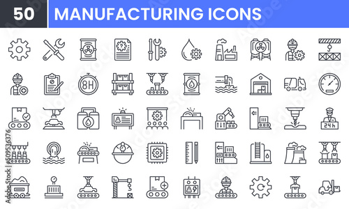 Manufacturing and Engineering vector line icon set. Contains linear outline icons like Production, Setting, Industrial Factory, Warehouse, Labour, Robot Manipulator. Editable use and stroke.