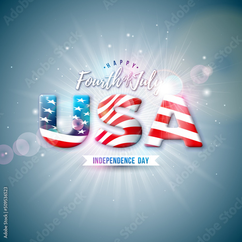 4th of July Independence Day of the USA Vector Illustration with American Flag Pattern 3d Lettering on Shiny Light Background. Fourth of July National Celebration Design for Banner, Greeting Card