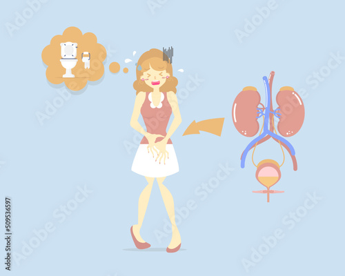woman needing to urinate and holding his bladder, pee, health care, cystitis concept, sanitation, incontinence concept, flat character design clip art vector illustration cartoon