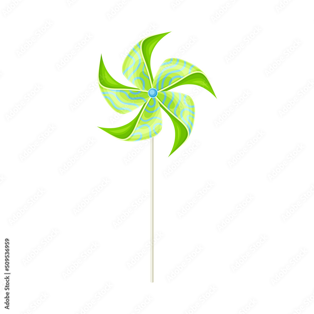 Green Pinwheel Toy with Paper Curl Attached to Stick Vector Illustration