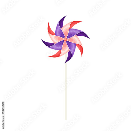 Colorful Pinwheel Toy with Paper Curl Attached to Stick Vector Illustration
