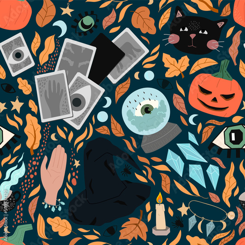 seamless pattern of cute Halloween symbols - black cat, eyes, witch hat, pumpkins, spider, fortune telling ball, cards, crystals, autumn leaves. illustration for wrapping paper, background, wallpaper