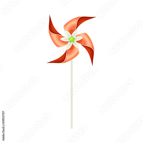 Red Pinwheel Toy with Paper Curl Attached to Stick Vector Illustration