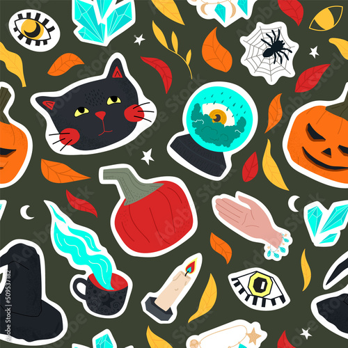 Fototapeta Naklejka Na Ścianę i Meble -  dark seamless pattern of cute Halloween symbols - black cat, eyes, witch hat, pumpkins, spiders, fortune telling ball, crystals, autumn leaves. illustration for wrapping paper, background, wallpaper