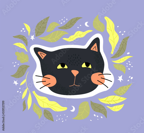 Cute sticker with a cat and leaves. Flat childish illustration..