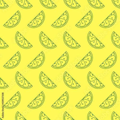 Lemon seamless pattern. Lime slice icon in line art style. Fruit icon symbol. Outline of citrus in green color. Design for print on fabric, wrapping paper, wallpaper, packaging. Vector illustration