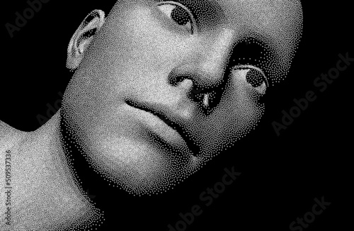 Abstract man head made from dots. Side view of dotted face background. Cover design template. 3D vector illustration for banner, flyer, poster or brochure.