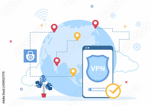VPN or Virtual Private Network Service Cartoon Vector Illustration to Protect, Cyber Security and Secure his Personal Data in Smartphone or Computer