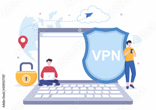 VPN or Virtual Private Network Service Cartoon Vector Illustration to Protect, Cyber Security and Secure his Personal Data in Smartphone or Computer