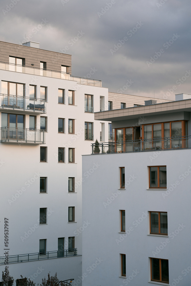 Modern residential apartment house complex, outdoor facilities concept