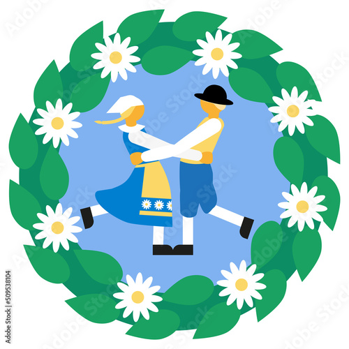 Swedish midsummer. A dancing couple in traditional Swedish folklore costume. A wreath with flowers.