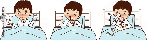 ベッドに入る、体調が悪い若い男性のセットイラスト。薬を飲む、咳、鼻水。