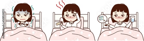 ベッドに入る、体調が悪い若い女性のセットイラスト。悪寒、発熱、薬を飲む。