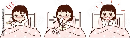 ベッドに入る、体調が悪い若い女性のセットイラスト。発熱、鼻水、回復。