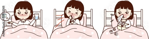 ベッドに入る、体調が悪い若い女性のセットイラスト。薬を飲む、咳、鼻水。
