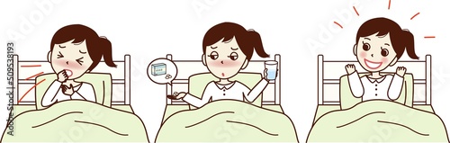 ベッドに入る、体調が悪い若い女性のセットイラスト。発熱、鼻水、回復。