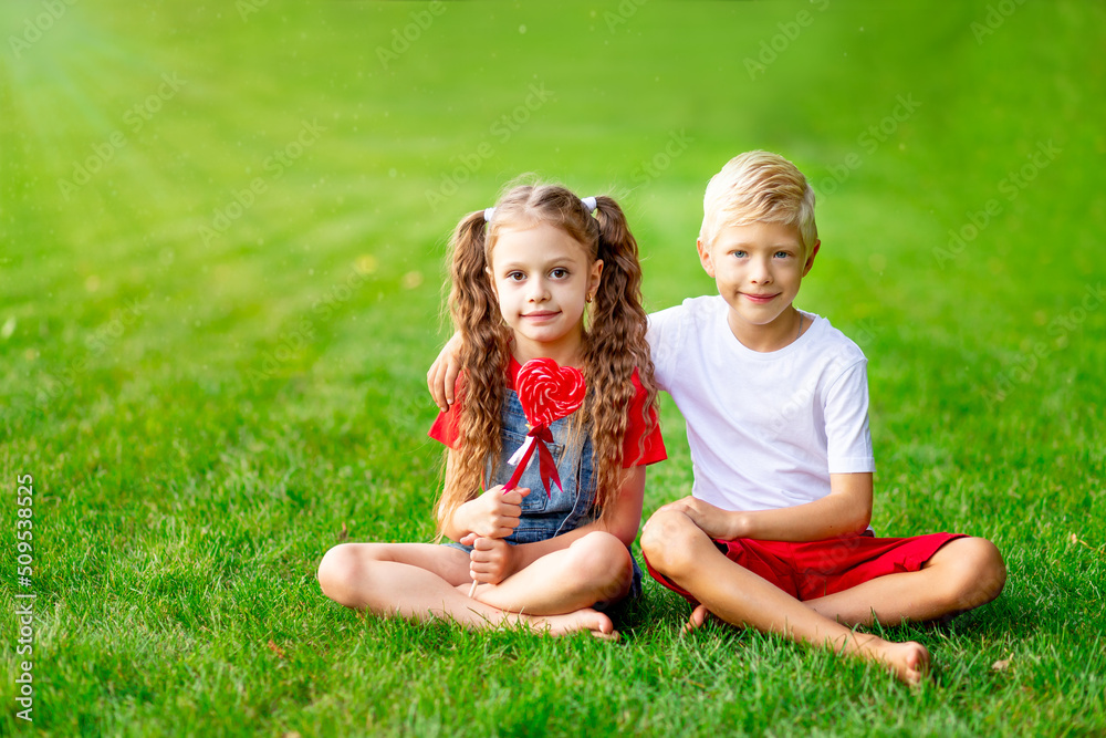 children girl and boy blonde with a big lollipop heart in the summer on the lawn on the green grass, the concept of the valentine's day holiday, space for text children girl and boy blonde with a big lollipop heart in the summer on the lawn on the green grass, the concept of the valentine's day holiday, space for text