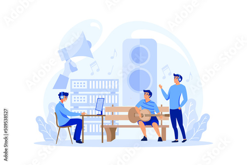 Sound engineer concept. Music production industry, sound recording with a studio equipment. Soundtrack creator or recorder. Vector illustration in cartoon style