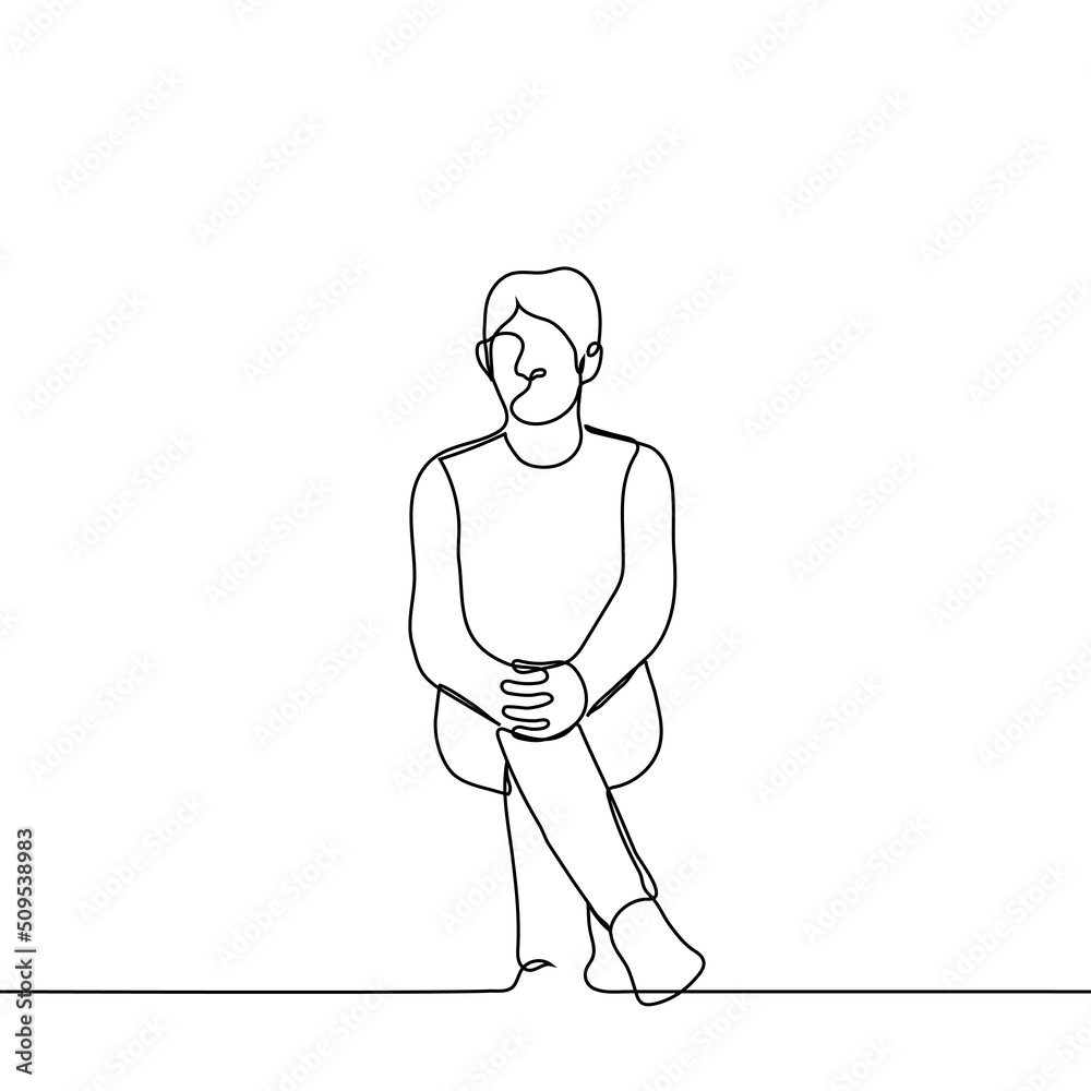 Fototapeta premium man sitting with one leg crossed and arms crossed on his knees - one line drawing vector. concept waiting, informal sitting posture