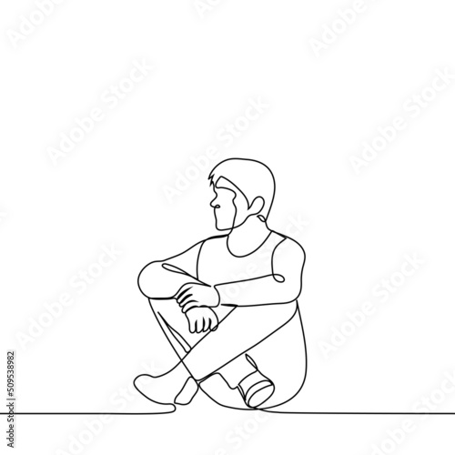 man sitting booty on the floor legs bent and hands resting on knees and looking into the distance - one line drawing vector. concept sit on the floor, on the ground