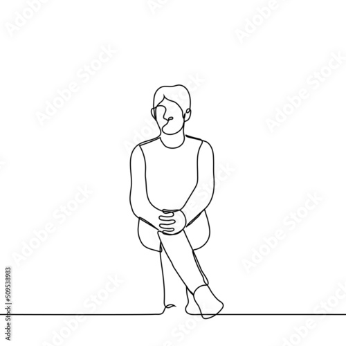 man sitting with one leg crossed and arms crossed on his knees - one line drawing vector. concept waiting, informal sitting posture