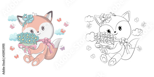 Fox Clipart for Coloring Page and Multicolored Illustration. Clip Art Fox with a Bouquet of Turquoise Flowers. Illustration of an Forest Animal for , Stickers, Baby Shower, Coloring Pages, Prints for