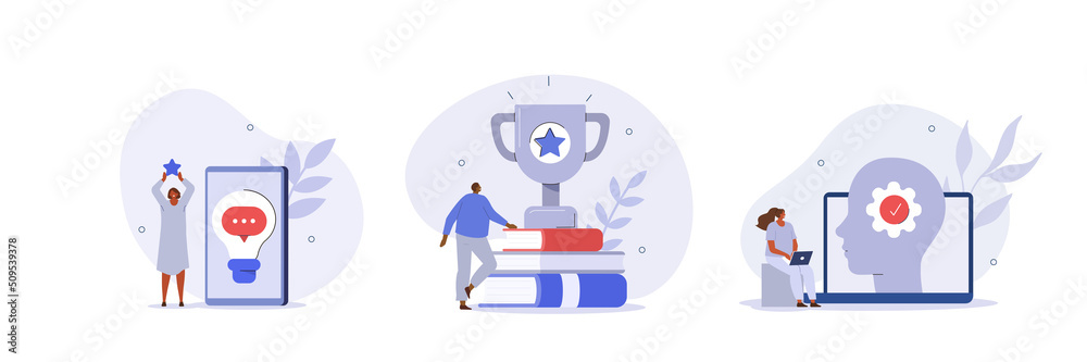 Self success and improvement illustration set. Characters self-learning, improving themselves and receiving reward. Education and personal growth concept. Vector illustration.