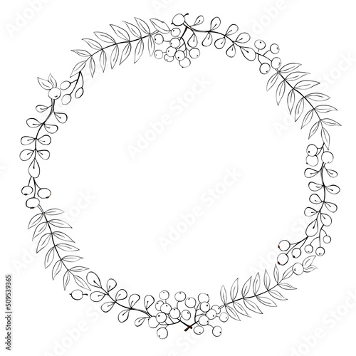 Vector wreath of contour rowan leaves and berries. Round autumn frame, border in doodle style. Theme of happy fall, nature, forest, thanksgiving