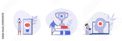 Self success and improvement illustration set. Characters self-learning, improving themselves and receiving reward. Education and personal growth concept. Vector illustration.