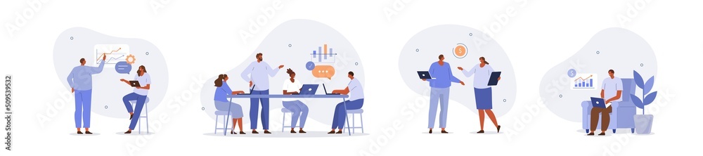 Business people illustration set. Characters working at home office and coworking space. People talking with colleagues, planning business strategy and analyzing financial graphs. Vector illustration.