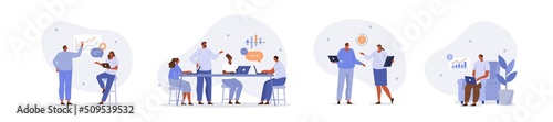 Business people illustration set. Characters working at home office and coworking space. People talking with colleagues, planning business strategy and analyzing financial graphs. Vector illustration. © Irina Strelnikova