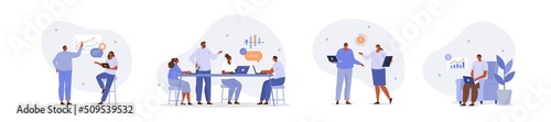 Business people illustration set. Characters working at home office and coworking space. People talking with colleagues, planning business strategy and analyzing financial graphs. Vector illustration.