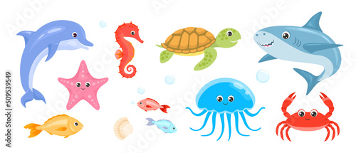 Cartoon sea animals set. Cute funny crab, fish, jellyfish, turtle, starfish, seahorse, dolphin and shark. Vector flat illustration isolated on white.
