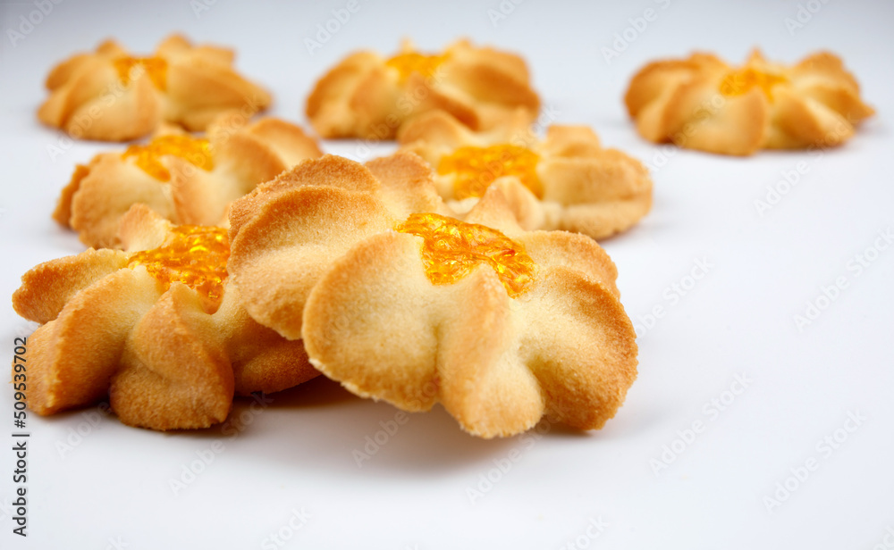 Shortbread cookies on a light background . Kurabye cookies with jam . Shortbread cookies on a light background . Kurabye cookies with jam .