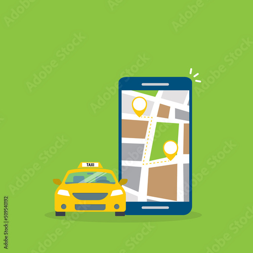 Taxi online service on mobile application with yellow taxicab and location. Get a taxi. Concept for order taxi service.	