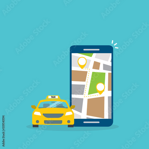 Taxi online service on mobile application with yellow taxicab and location. Get a taxi. Concept for order taxi service.	