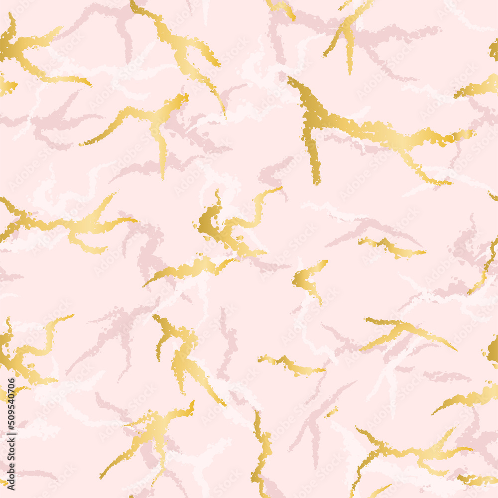 Pink marble with golden veins seamless pattern vector illustration. Beautiful shining background. Print for packaging, fabric, textile, paper, design. Abstract gentle girly pattern with gold