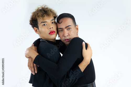 asian gay couple lay down isolated white color background. lgbtq and lgbtq+ concept